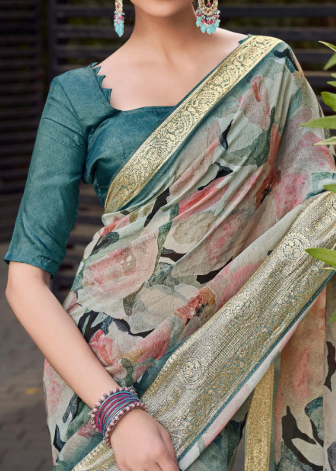 Grey and Blue Floral Printed Silk Saree with Contrast Blouse