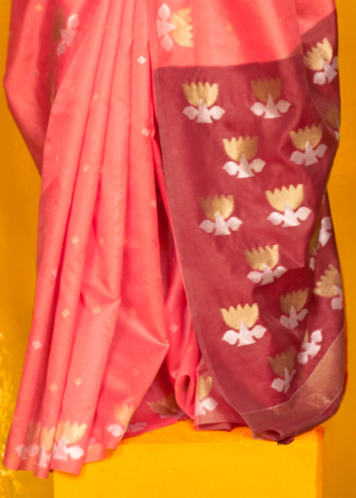 Peach Tussar Handloom Weaving Silk Saree