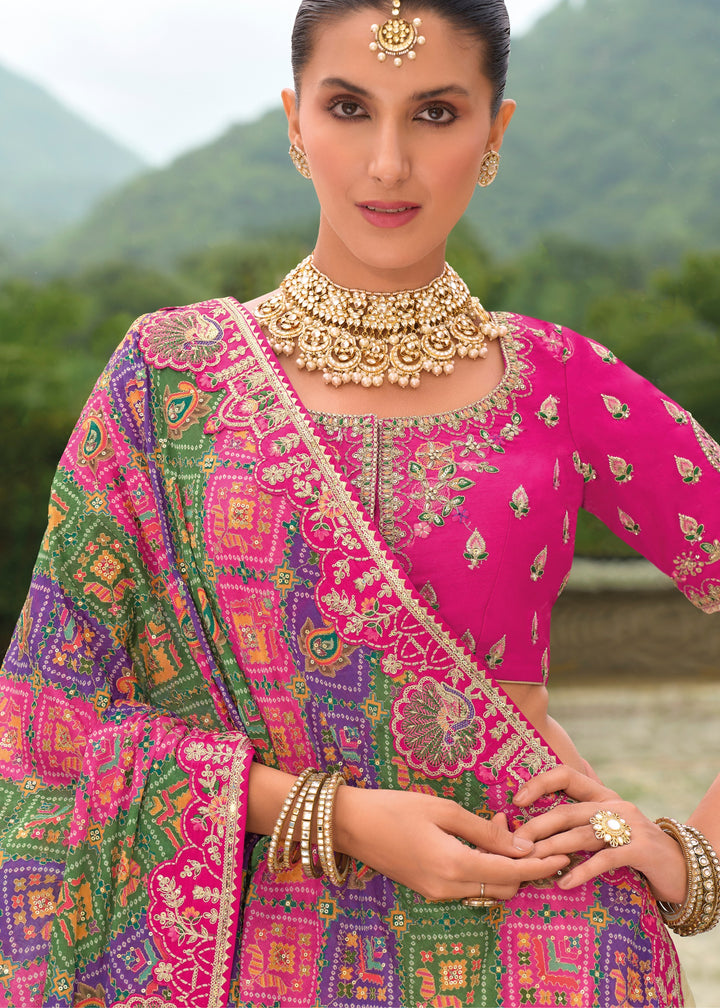 Pink And Cream Banarasi Silk Lehenga With Heavy Embroidery Work