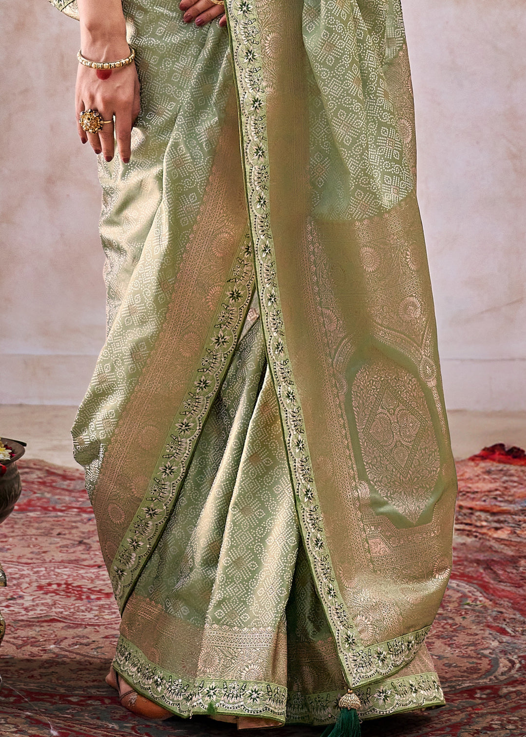 Sage Green Satin Silk Saree With Heavy Embroidery Lace & Blouse