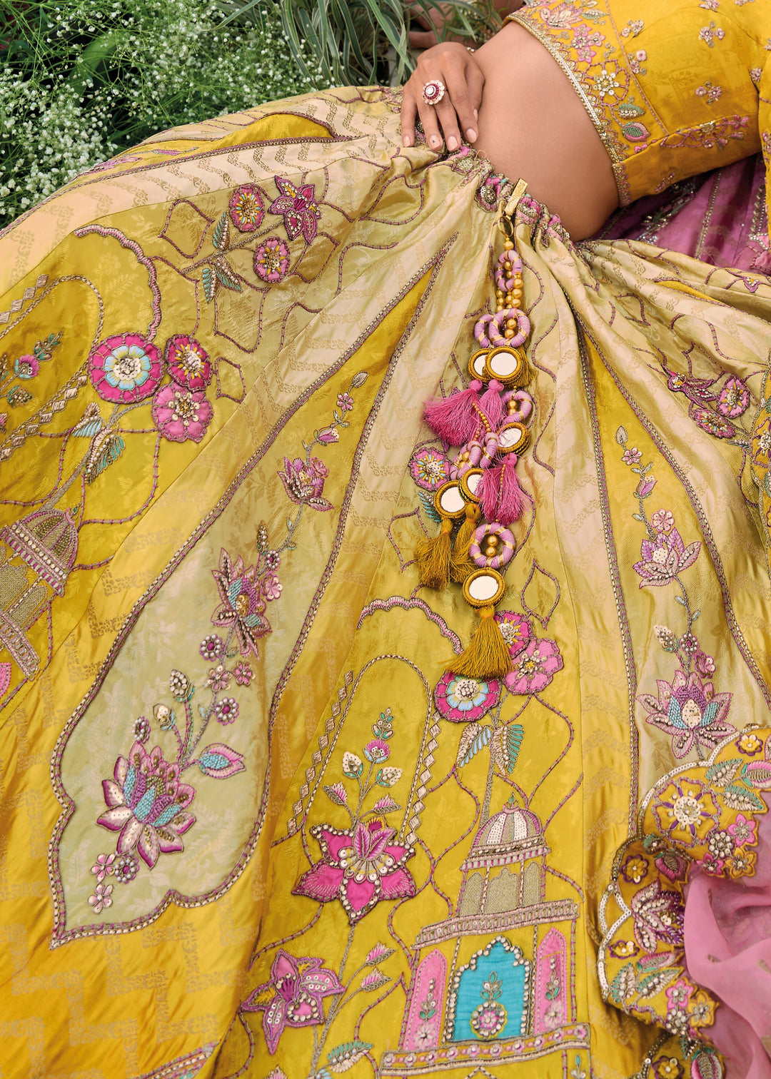 Canary Yellow and Pink Viscose Tissue Lehenga Choli with Embroidery Work (PRE-ORDER)