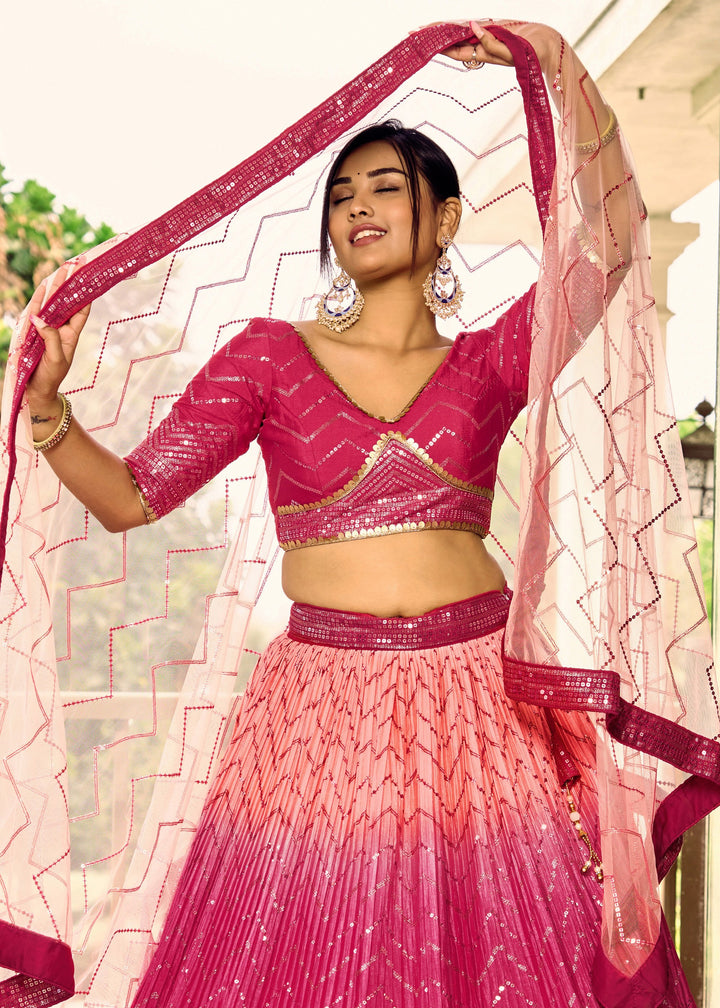 Hot Pink Chinon Silk Lehenga With Sequence and Thread Embroidery Work