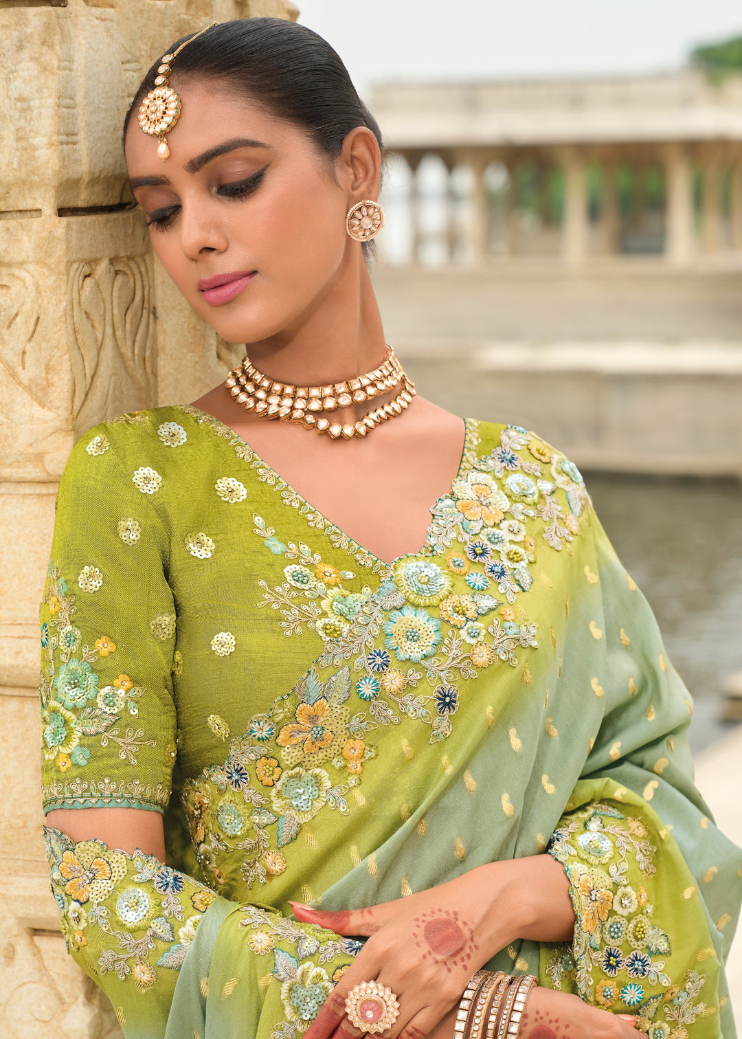 Pistachio Green Viscose Tissue Silk Saree With Embroidery Cut Work Border And Sequence Work