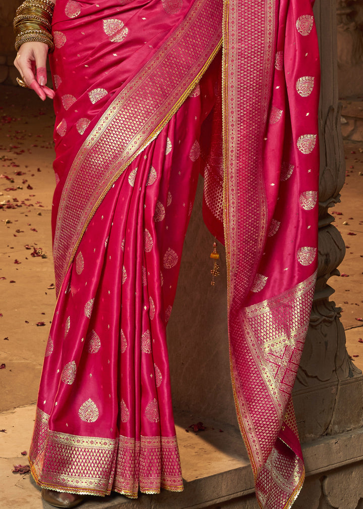 Rani Pink Satin Silk Saree With Beautiful Lace Border And Heavy Designer Embroidered Blouse