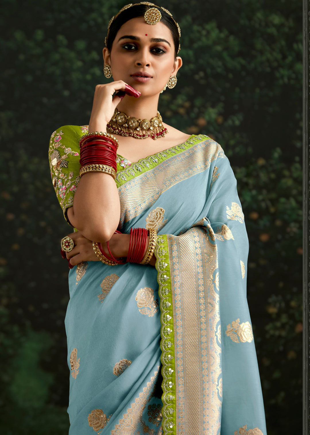 Sky-blue and Lime-green Viscose silk Saree with Zari work