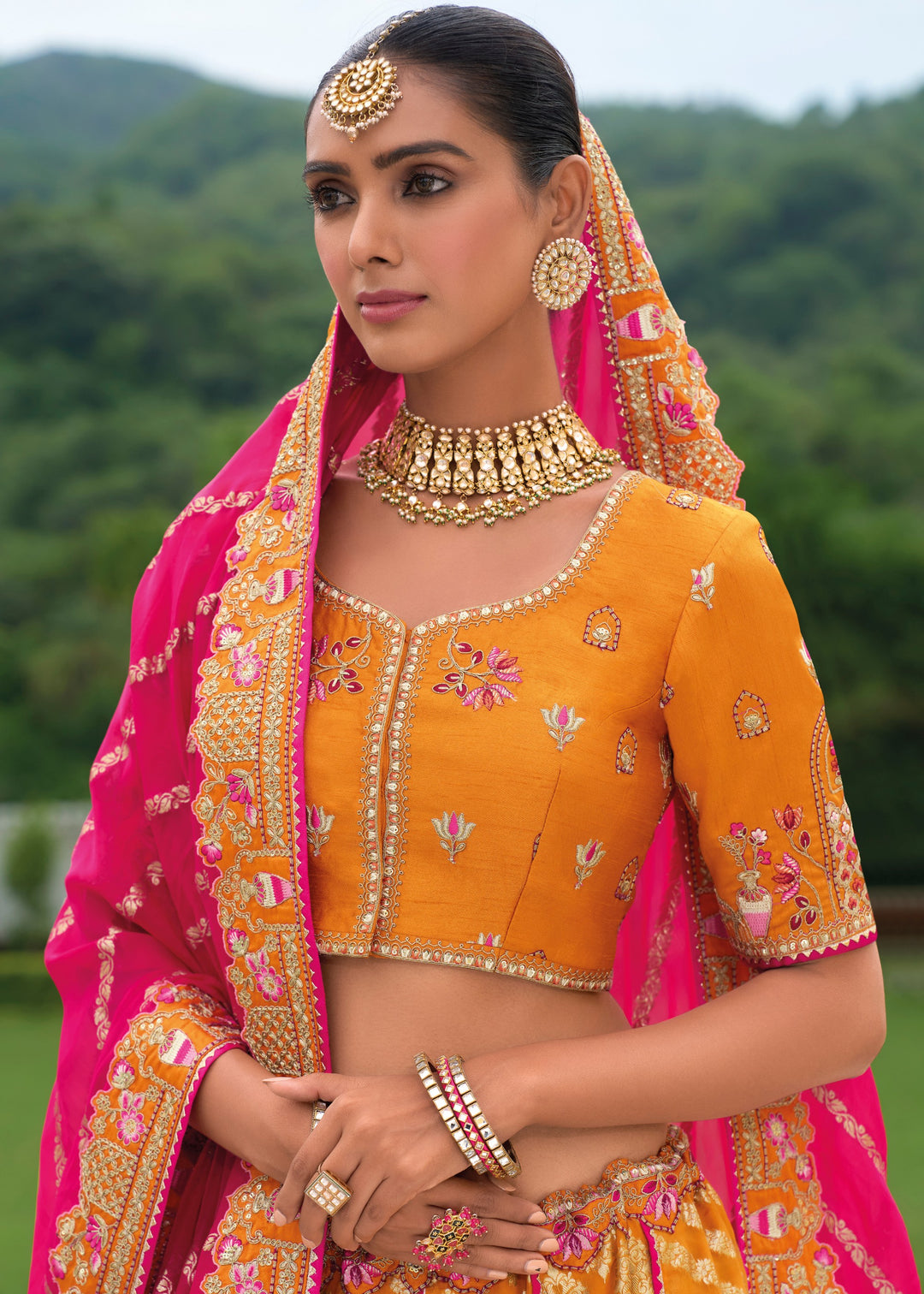 Bright Orange Banarasi Silk Lehenga With Heavy Embroidery Work