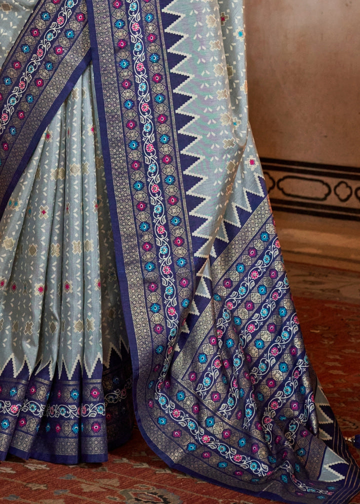 Light Steel Blue Silk Saree With Traditional Classic Design