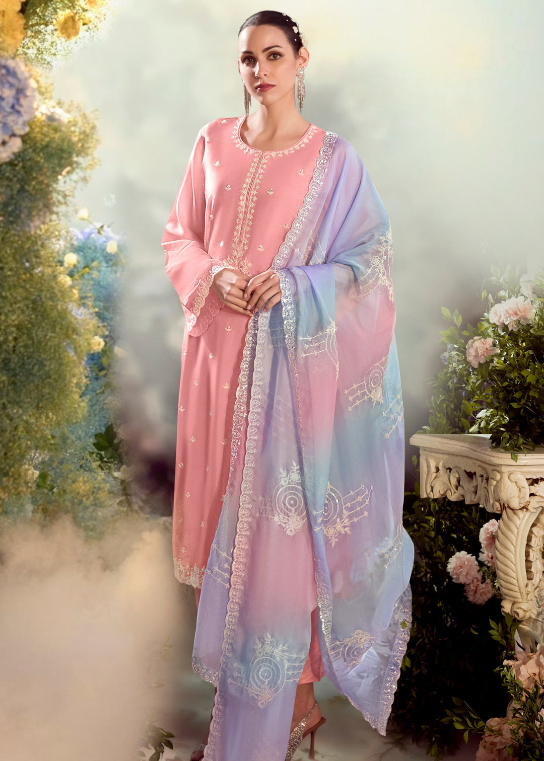 Pastel Pink Modale Silk Salwar Suit With Embroidery