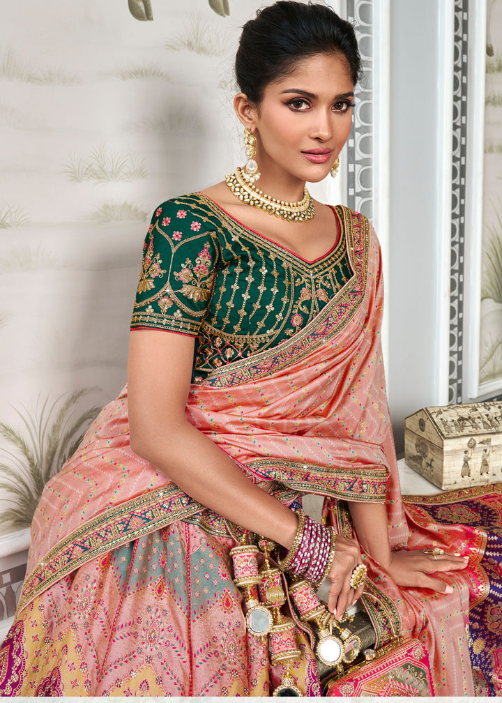 Green & Pink Banarasi Silk Lehenga with Zarkan Codding work