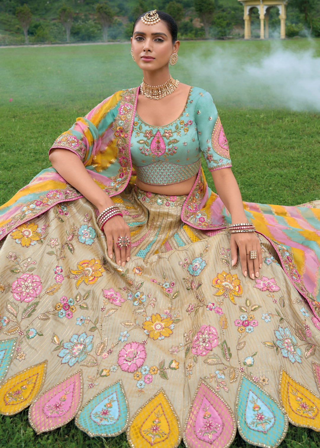 Sand Brown Banarasi Silk Lehenga With Heavy Embroidery Work