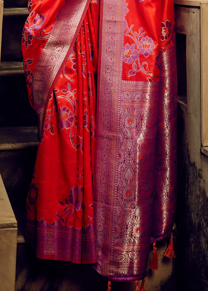 Red Handloom Weaving Satin Saree