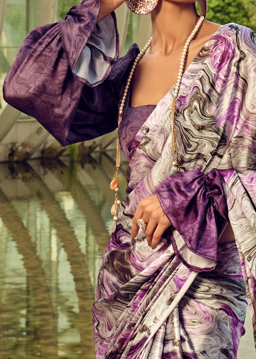 Purple Satin Digital Printed Saree