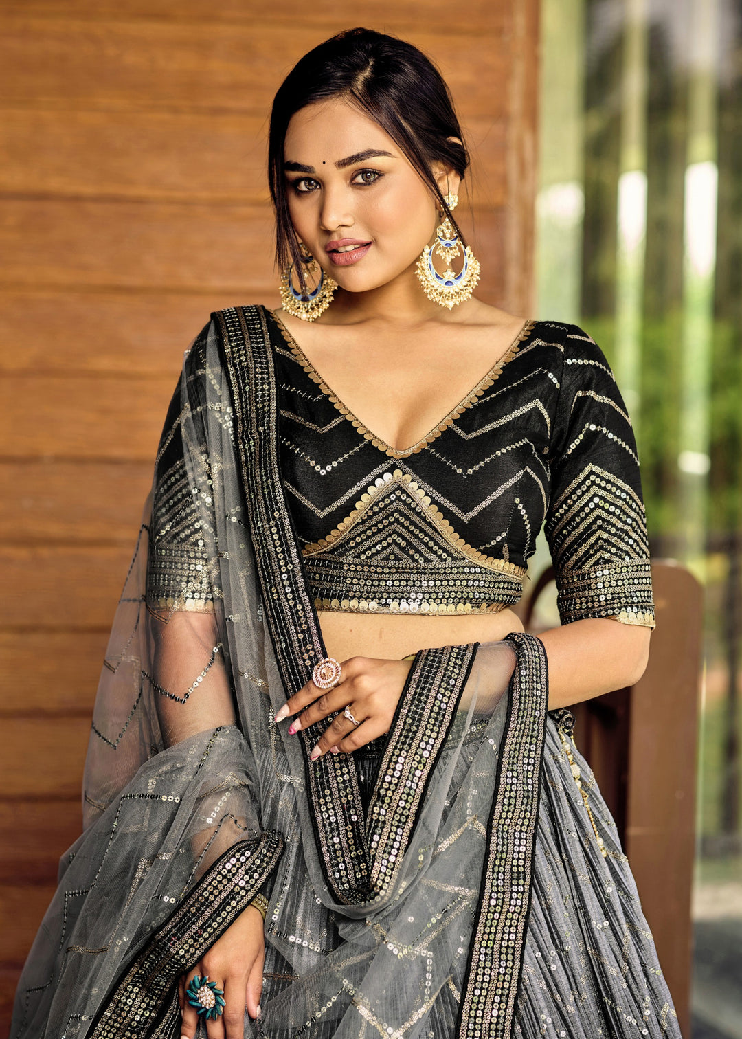 Sparkle Black Chinon Silk Lehenga With Sequence and Thread Embroidery Work