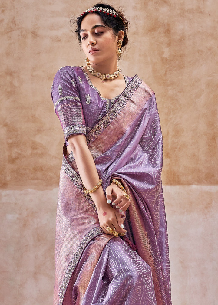 Lilac Purple Satin Silk Saree With Heavy Embroidery Lace & Blouse