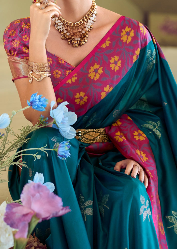 Teal Green Soft Silk Saree With Ikkat Border