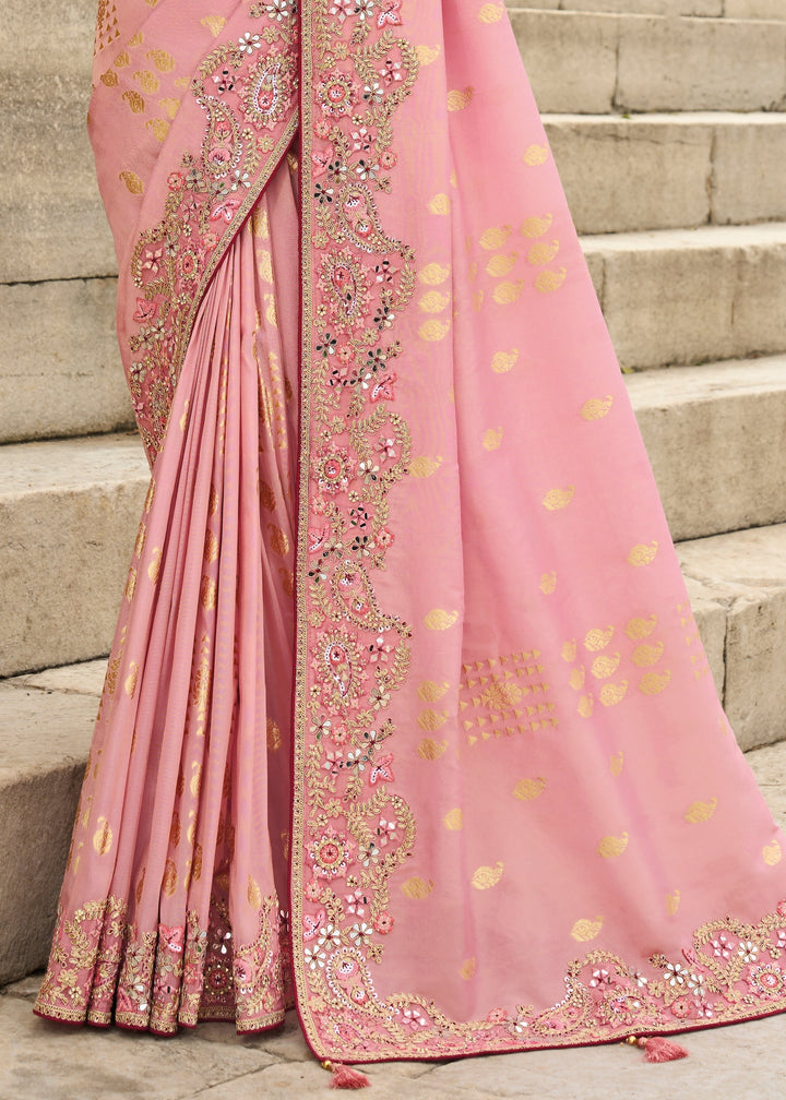 Light Pink Viscose Tissue Silk Saree With Embroidery Cut Work Border And Sequence Work