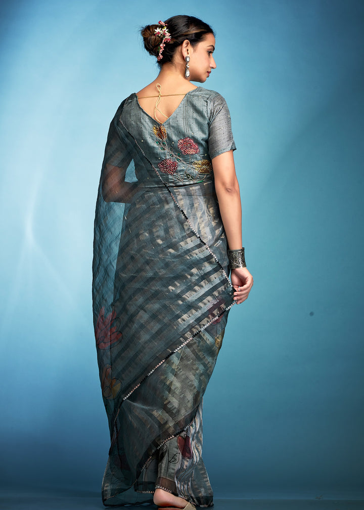 Iron Grey Tissue Silk Saree With Floral Print