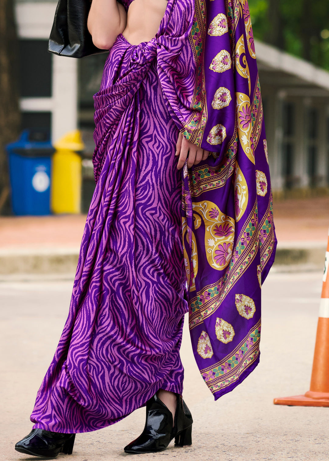 Violet Purple Printed Satin Silk Saree