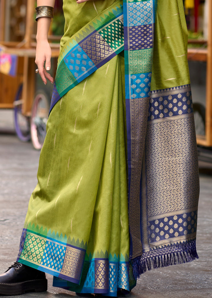 Slime Green Banarasi Silk Saree With Beautiful Contrast Border