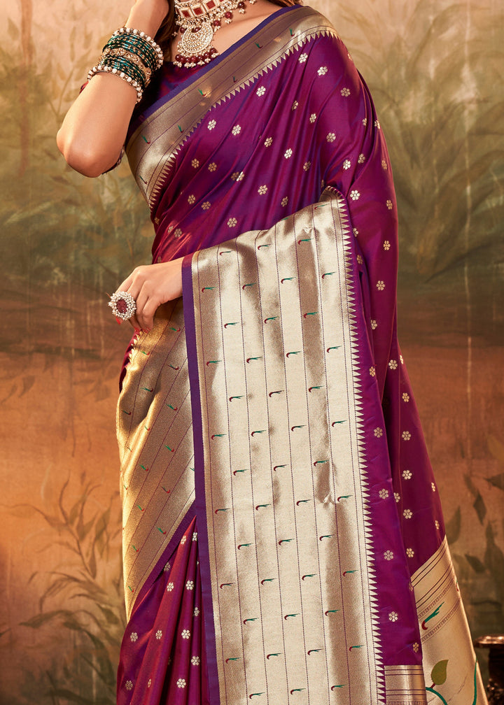 Grape Purple Paithani Silk Saree With Zari Weaving