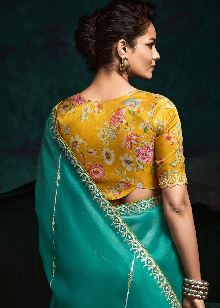 Jade Green Fancy Fabric Silk Saree With Sequins And Thread Embroidered Butti Work