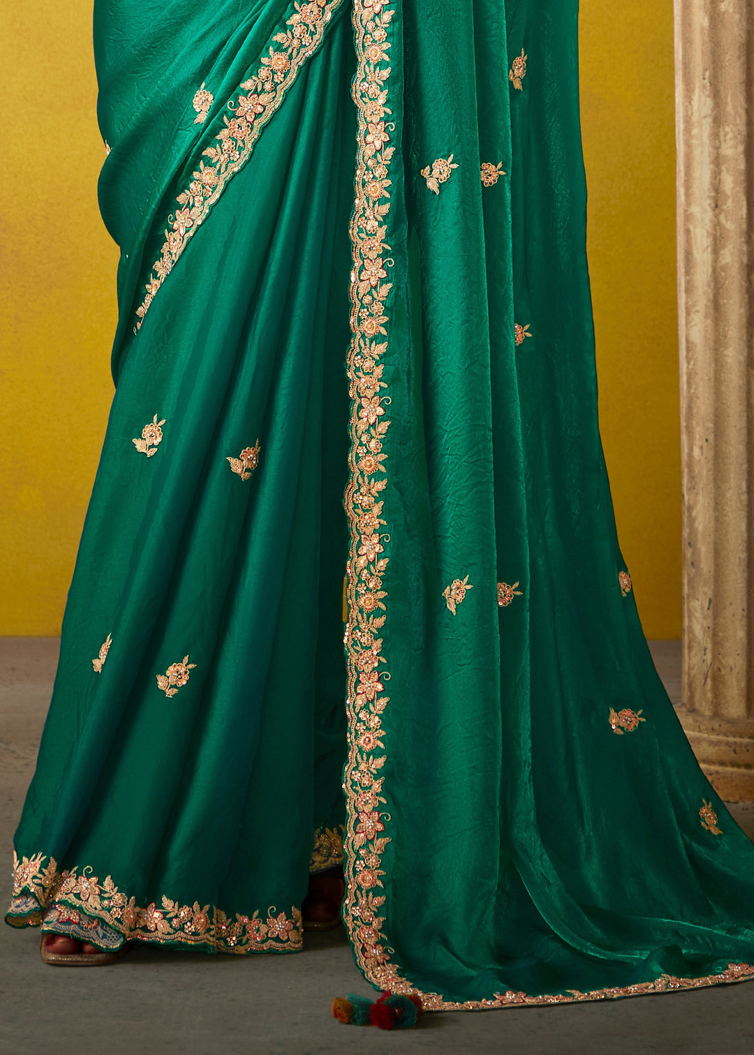 Bottle Green Glass Tissue Silk Saree With Sequins And Thread Embroidered Work