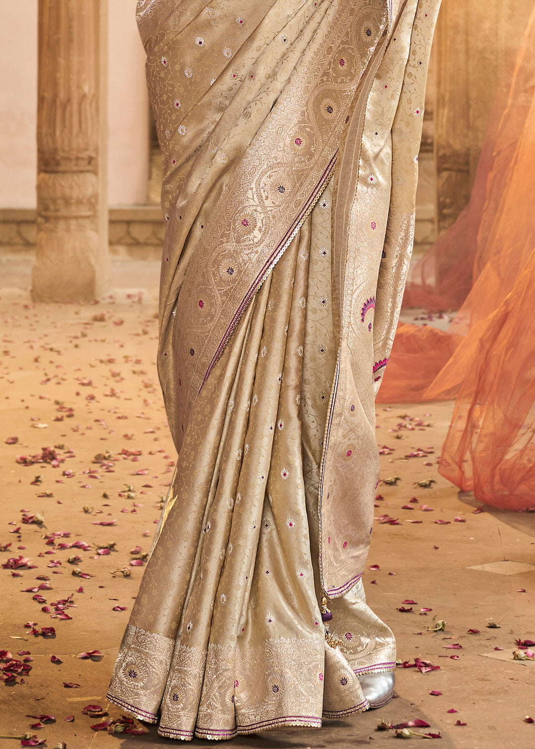 Warm White Satin Silk Saree With Beautiful Lace Border And Heavy Designer Embroidered Blouse