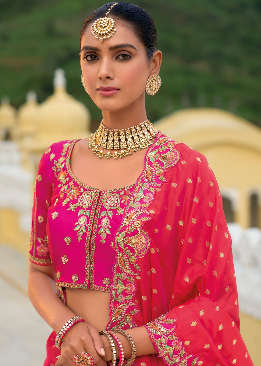 Magenta Pink And Orange Banarasi Silk Lehenga With Heavy Embroidery Work