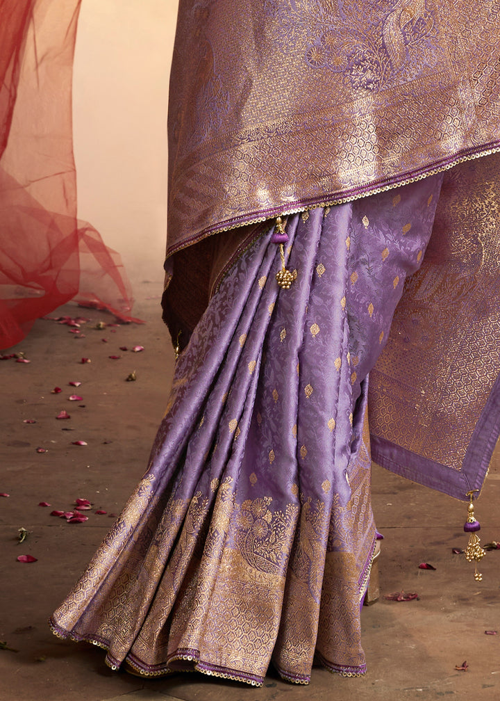 Amethyst Purple Satin Silk Saree With Beautiful Lace Border And Heavy Designer Embroidered Blouse