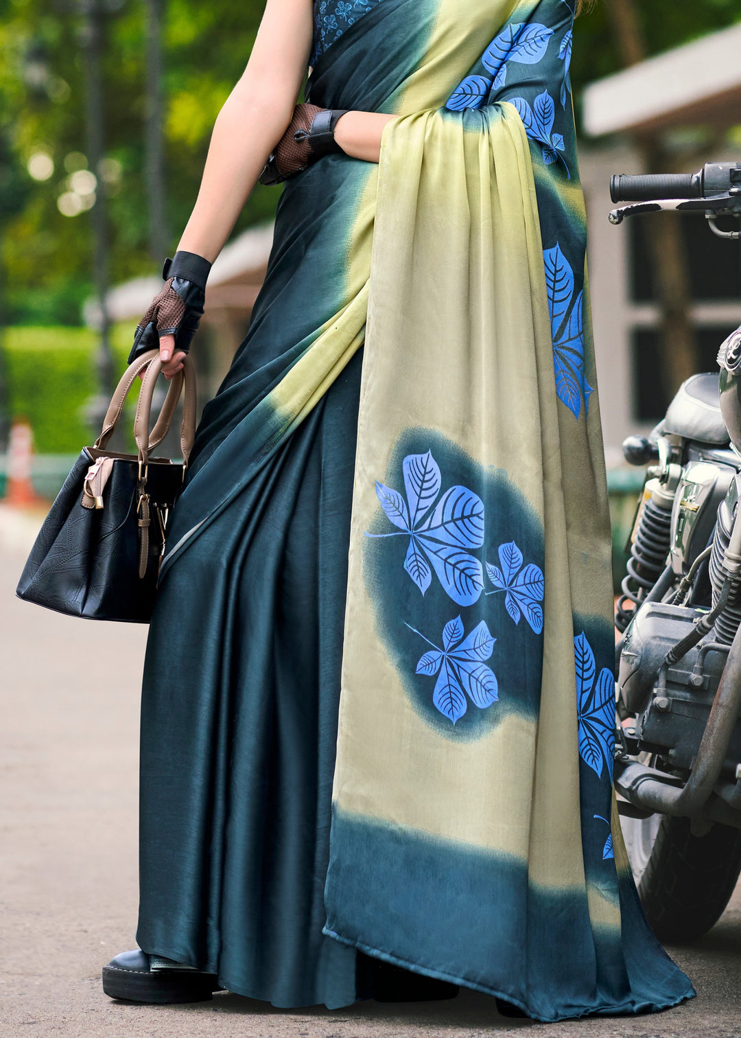 Peacock Green Printed Satin Silk Saree