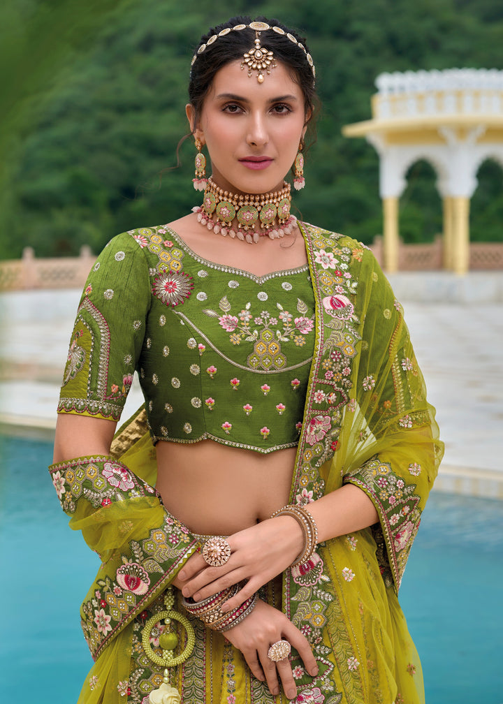 Moss Green and Yellow Viscose Tissue Lehenga Choli with Embroidery Work