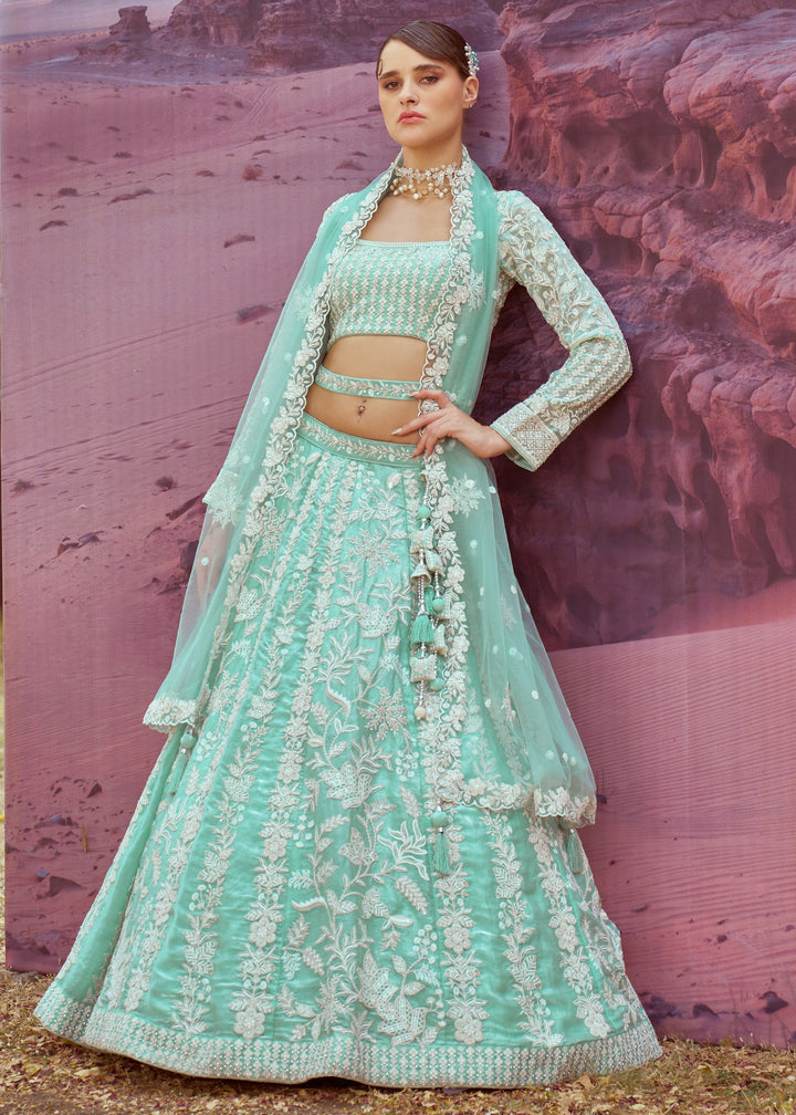 Sea green Organza Sequins embroidery Lehenga