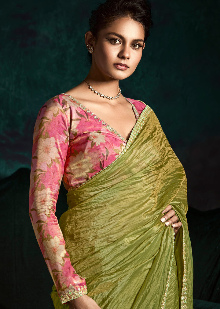 Kelly Green Fancy Fabric Silk Saree With Sequins And Thread Embroidered Butti Work