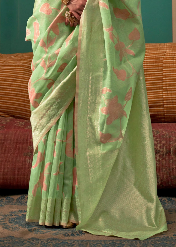 Light Green Handloom Weaving Linen Saree