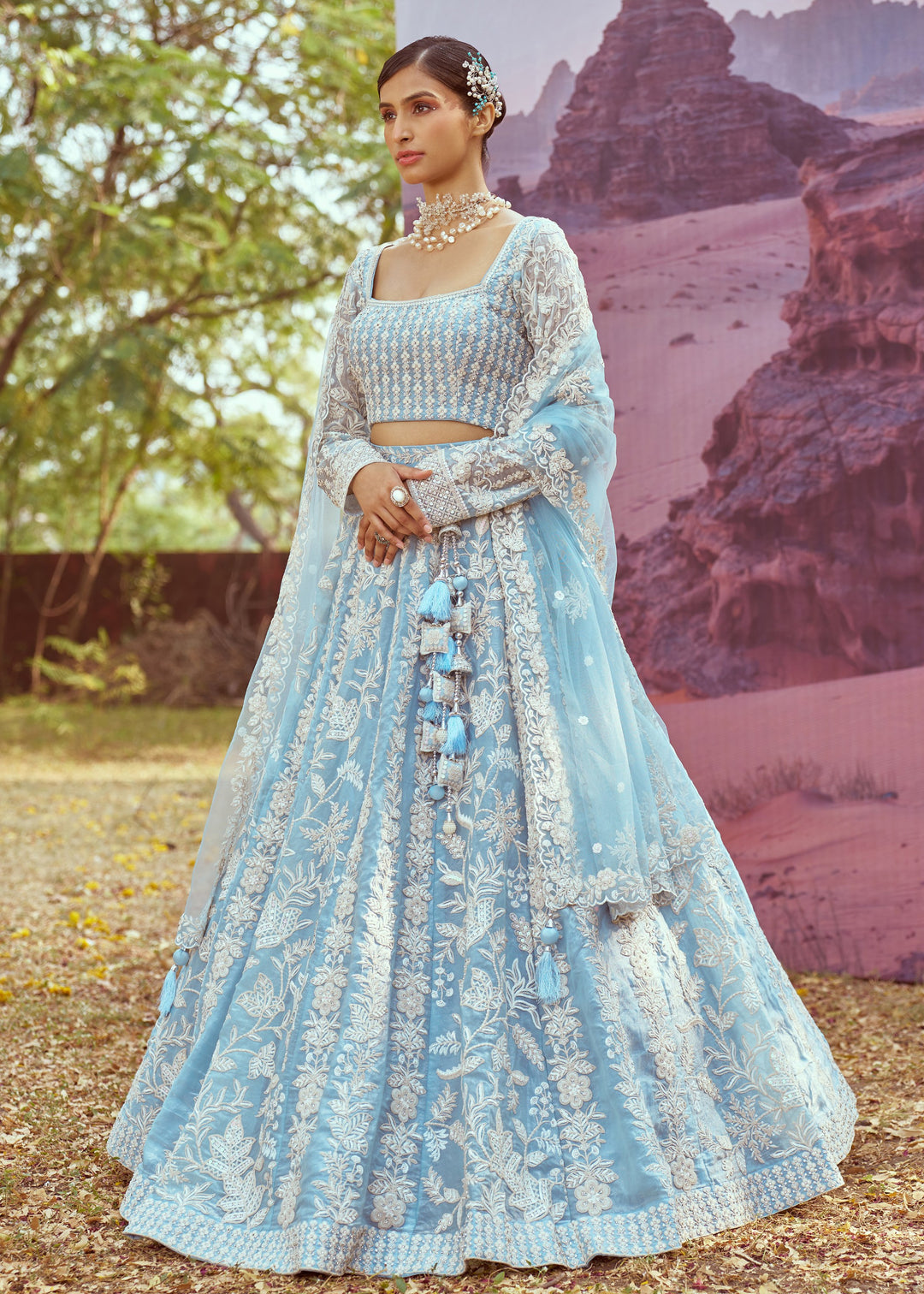 Sky Blue Organza Sequins embroidery Lehenga