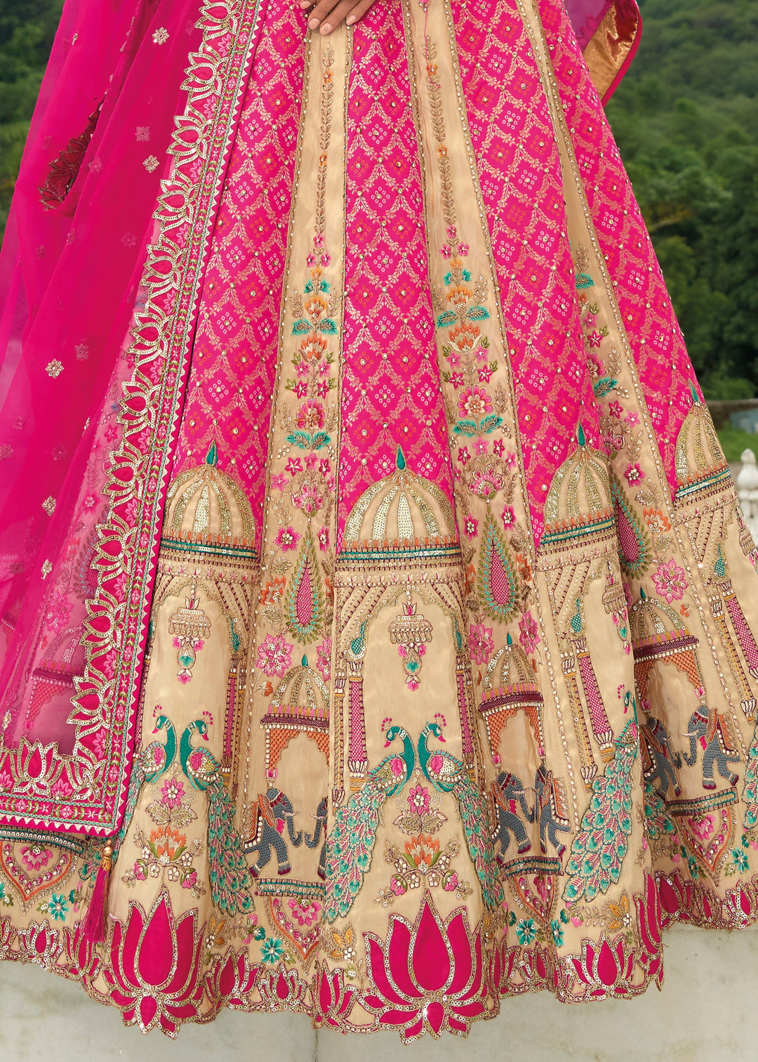 Off White And Pink Banarasi Silk Lehenga With Heavy Embroidery Work