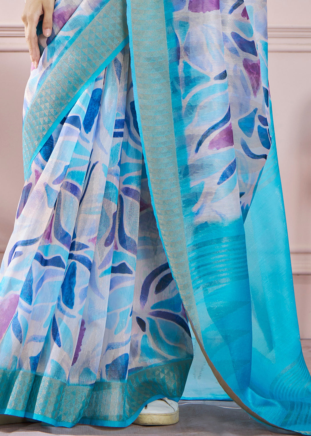 Light Blue Soft Zari Based Modal Silk Saree With Beautiful Colorfull Print