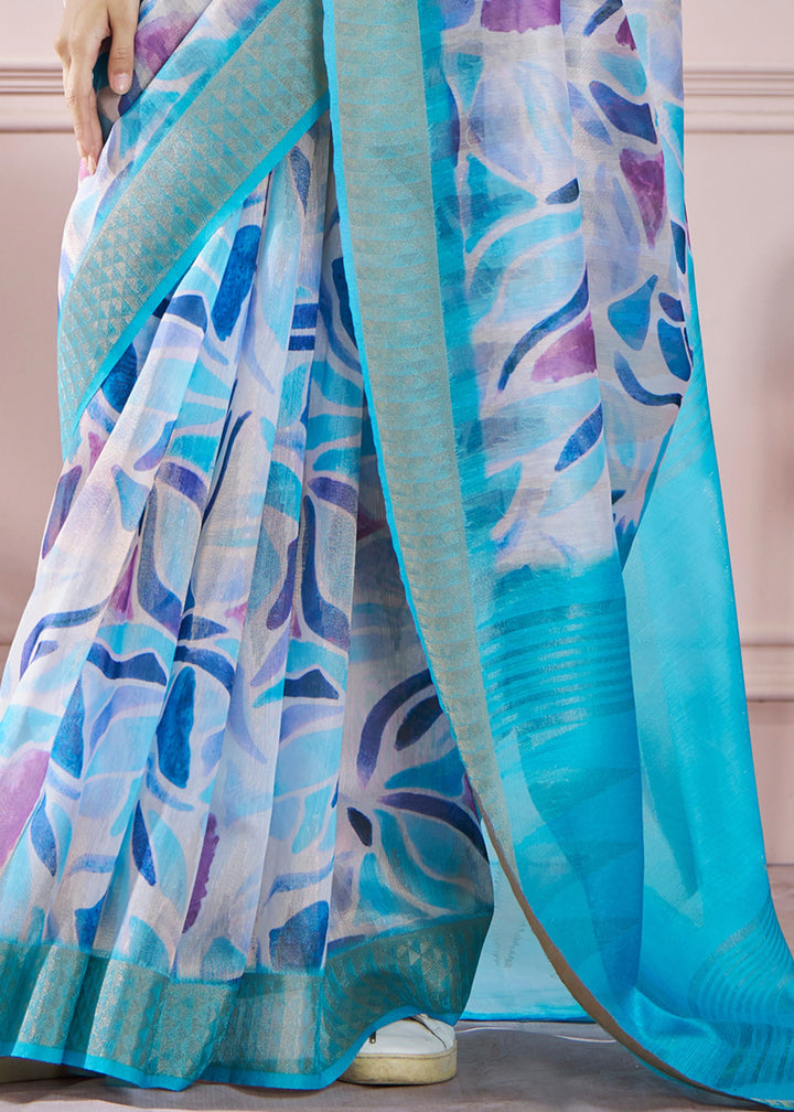 Light Blue Soft Zari Based Modal Silk Saree With Beautiful Colorfull Print