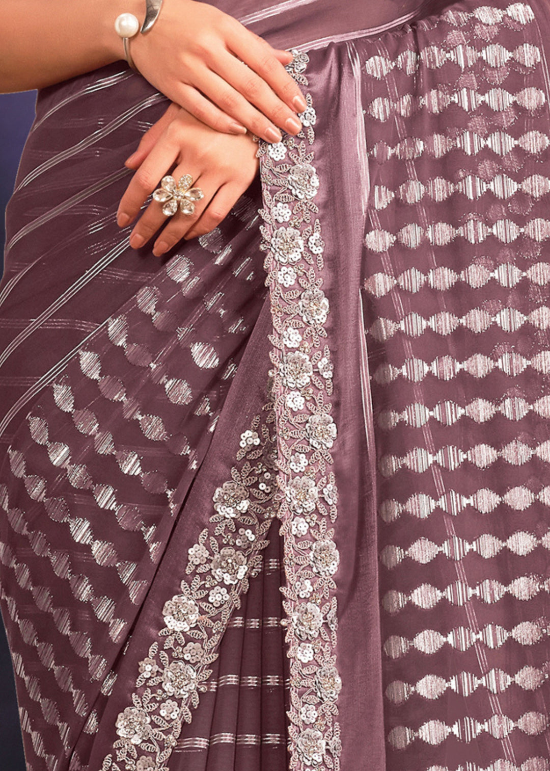 Mauve Purple Georgette Saree with Sequence & Cord Embroidered with Stone Work