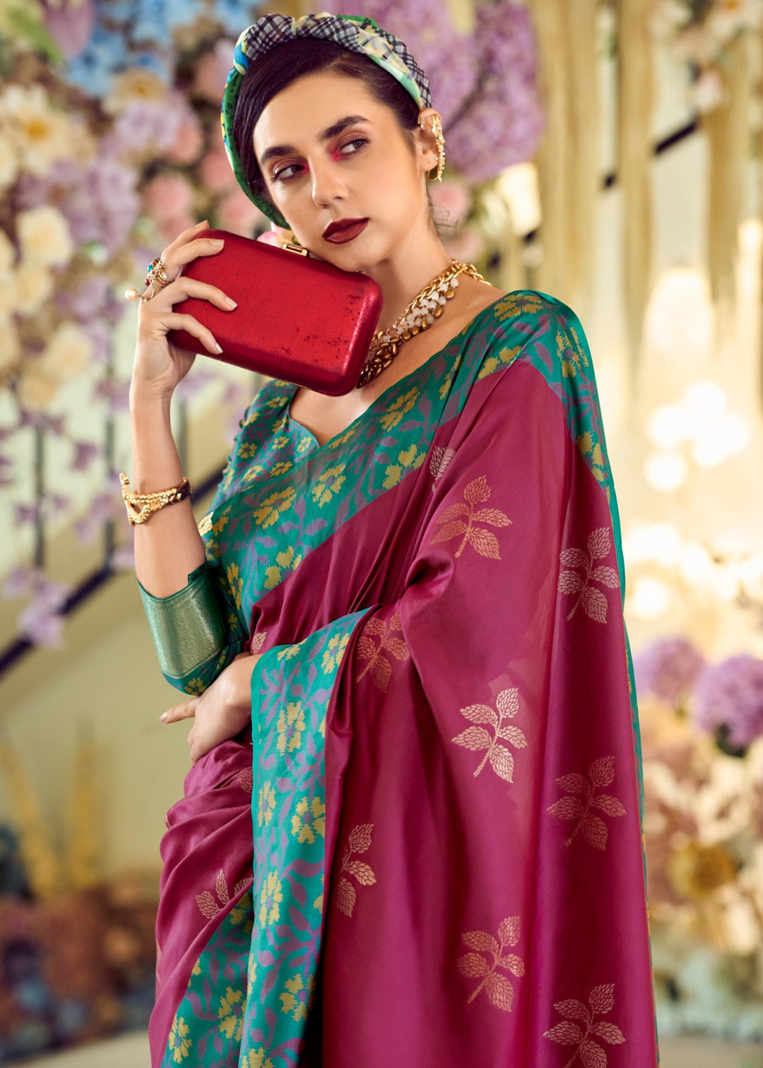 Raspberry Red Soft Silk Saree With Ikkat Border