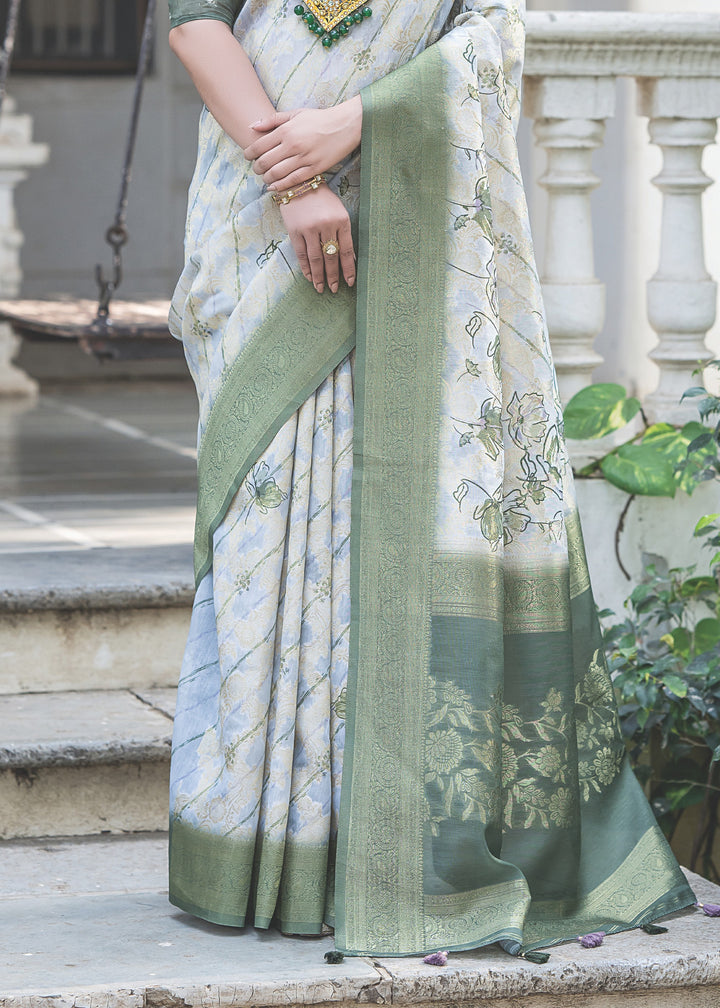 Bluish white Woven Silk Saree with Contrast Pallu