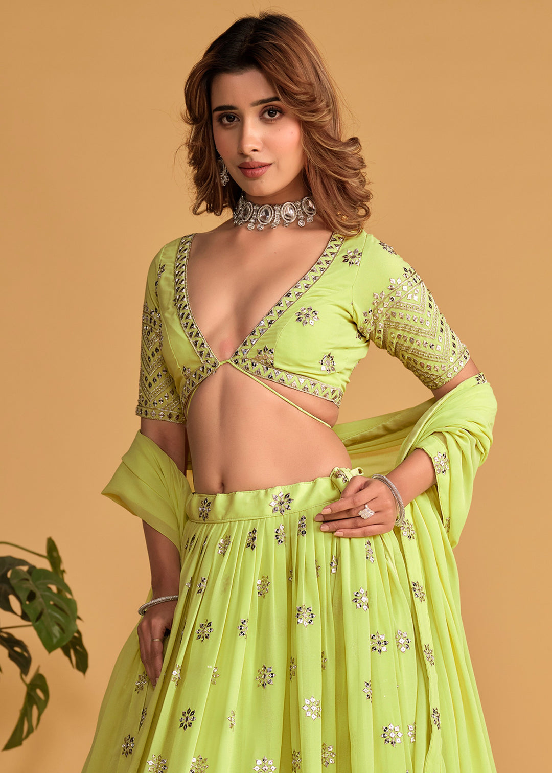 Neon Green Georgette Lehenga Choli With Sequins Zari Embroidered Work