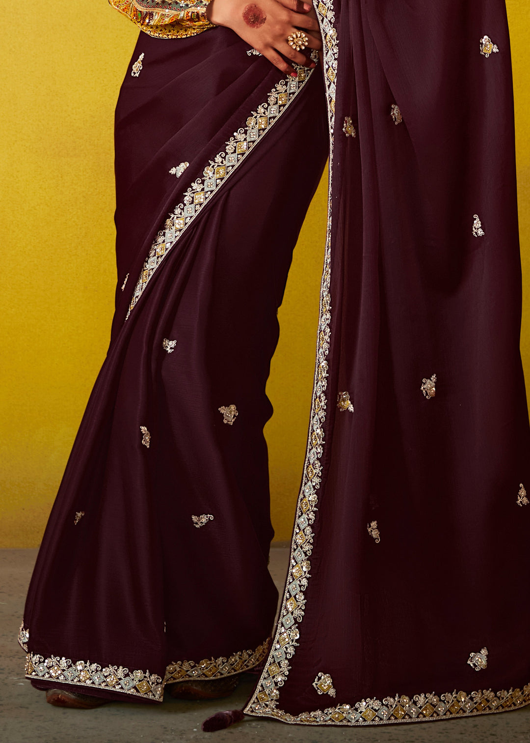 Mulberry Purple Glass Tissue Silk Saree With Sequins And Thread Embroidered Work