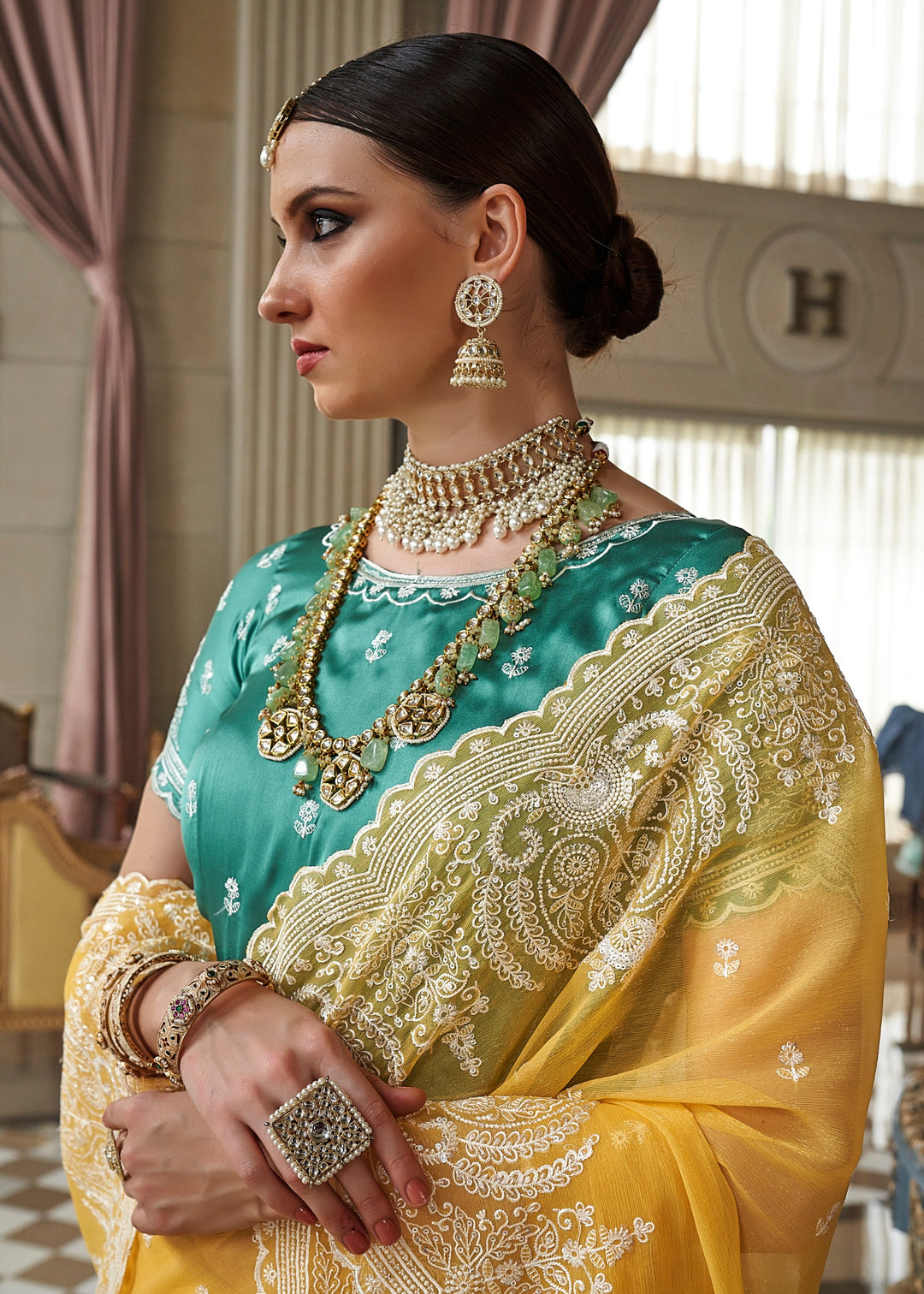 Cadium Yellow Fancy Tissue Saree With Unique Work And Designer Blouse