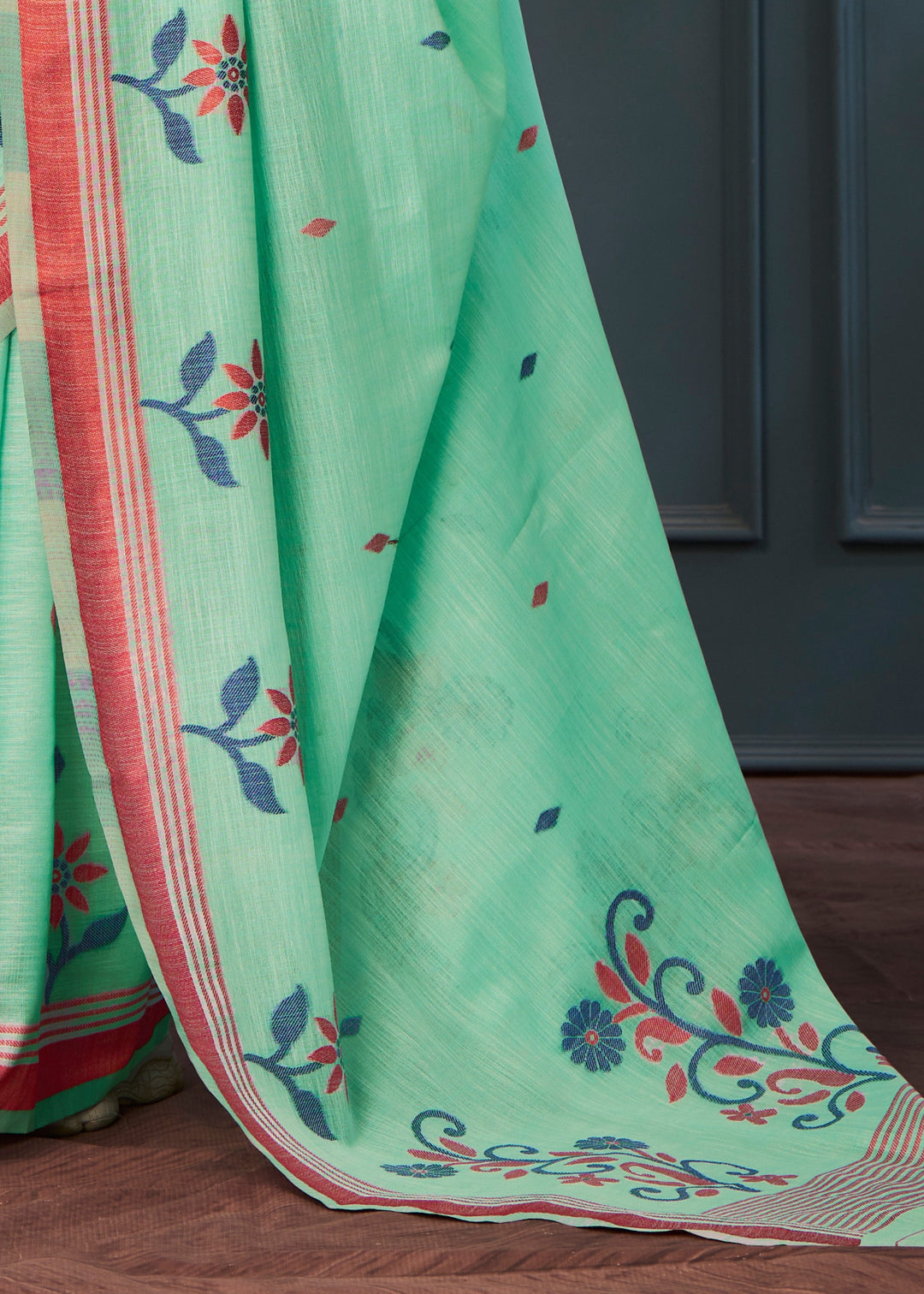 Mint Green Handloom Linen Silk Saree with Beautiful Weaving