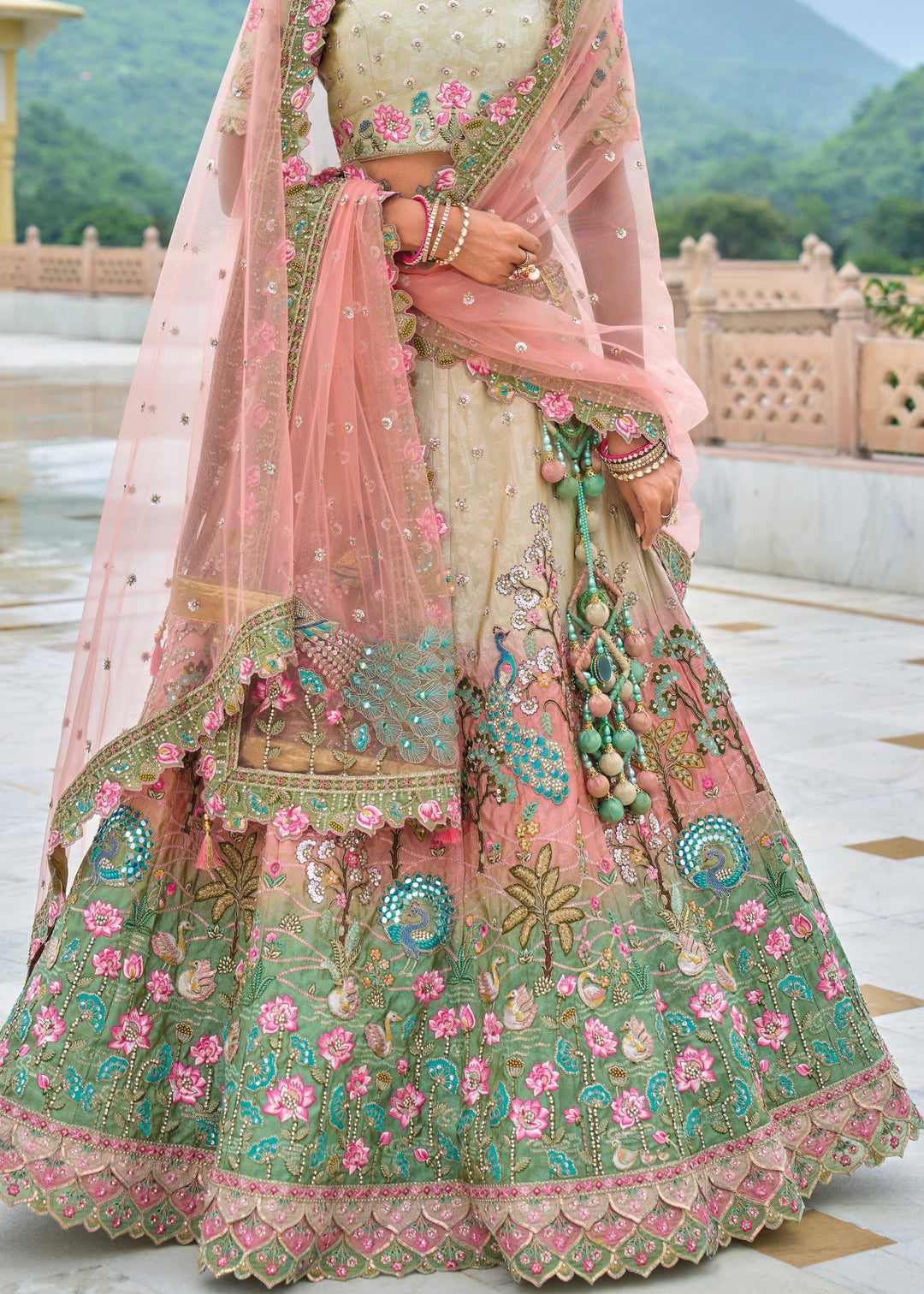 Pista Green and peach Viscose Tissue Lehenga Choli with Embroidery Work : Top Pick