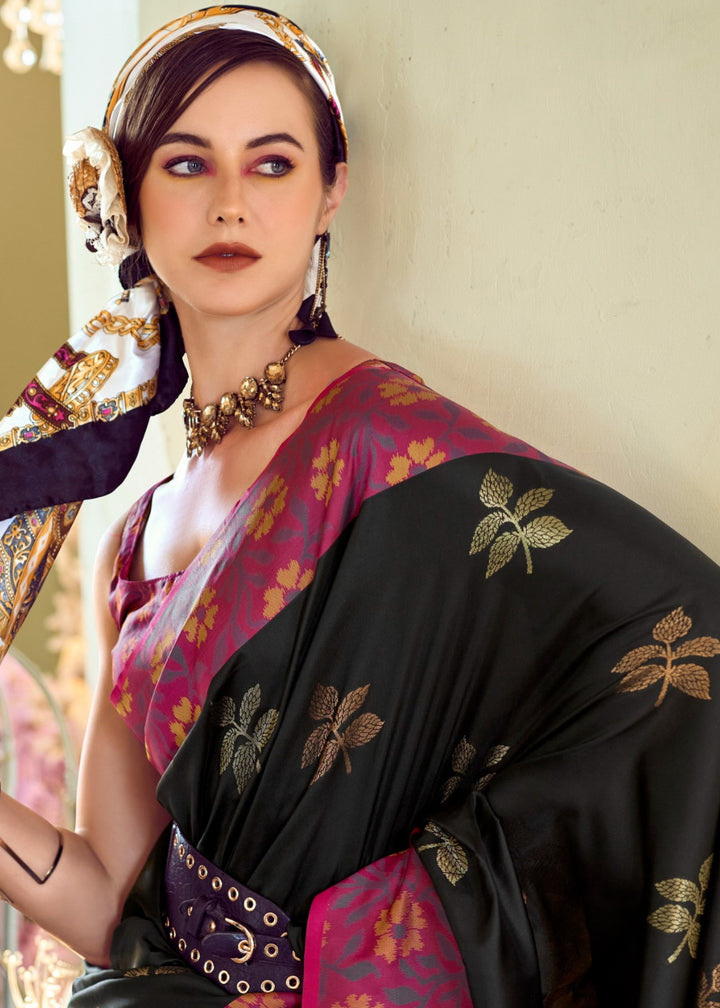 Sable Black Soft Silk Saree With Ikkat Border