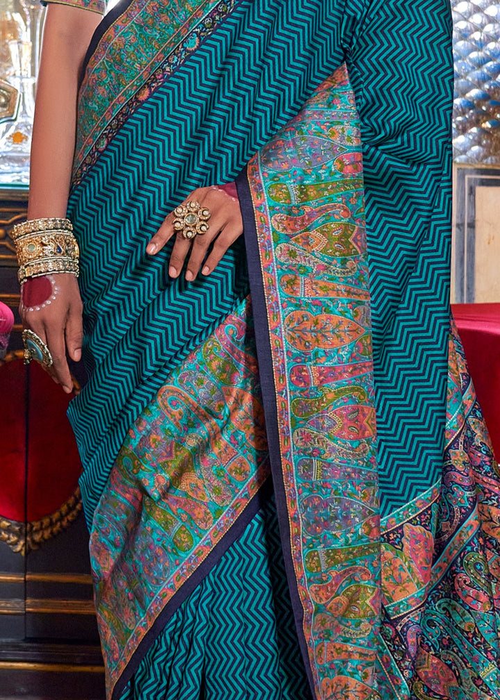 Cerulean Blue Silk Saree With Beautiful Print