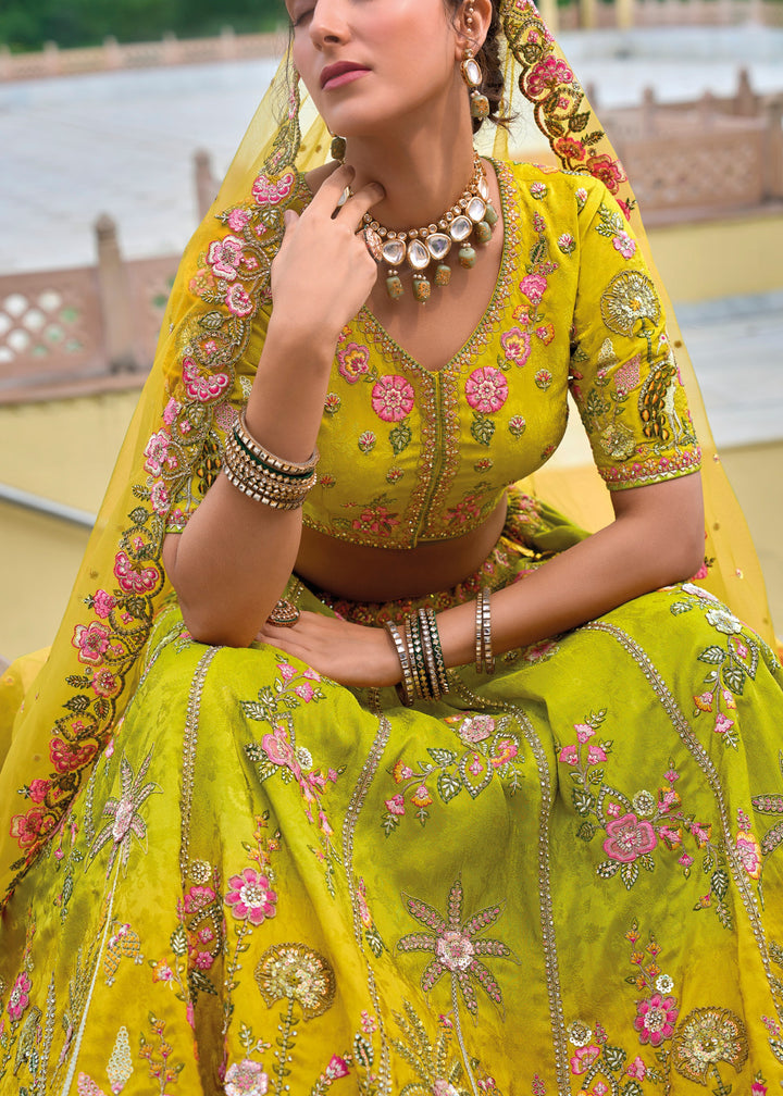 Cadmium Yellow and Green Viscose Tissue Lehenga Choli with Embroidery Work