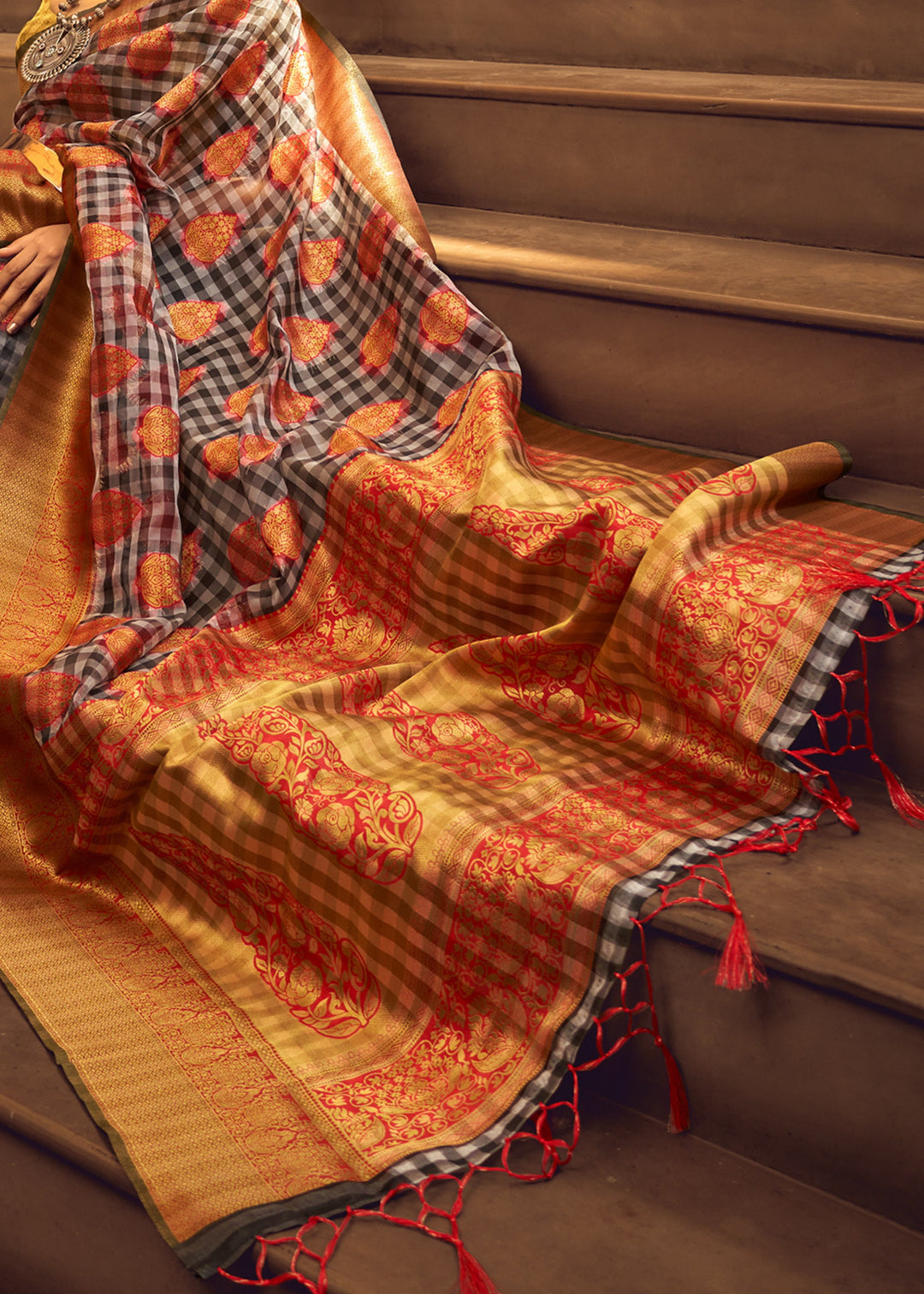 Orange Check Handloom Weaving Silk Saree